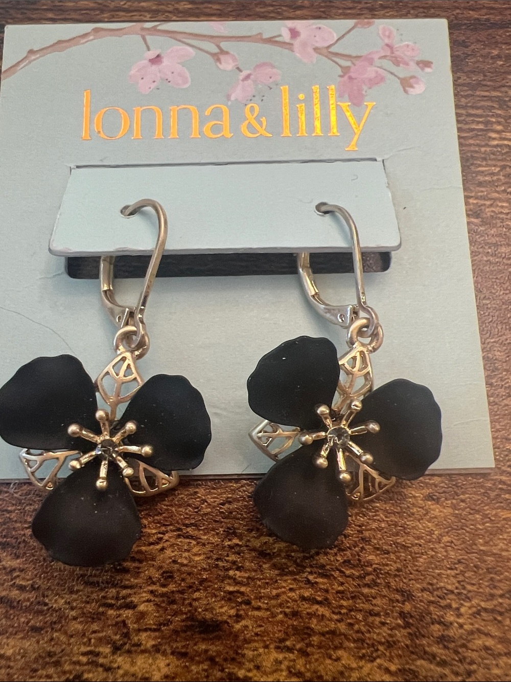 lonna & lilly Black and Gold Floral Dangle Earrings
